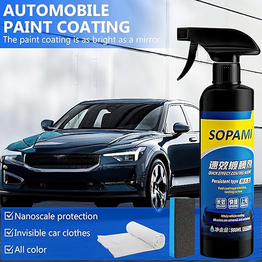 Sopami Car Coating Spray,17.6oz Quick Effect Coating Agent,Sopami Quickly Coat Car Wax,Sopami Car Scratch Wax Polish Spray Waterless Wash,Sopami Oil Film Emulsion Glass Cleaner(1PC+Sponge+Cloth)