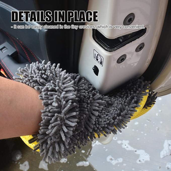 QMX Car Wash Mitt Microfiber Scratch Free,Premium Chenille Ultra-Soft Car Wash Gloves,Thickened Inside Coated Swirl-Free Finish 5-Finger Design Detailing for Cleaning Car Wash Brush,2-Pack Yellow