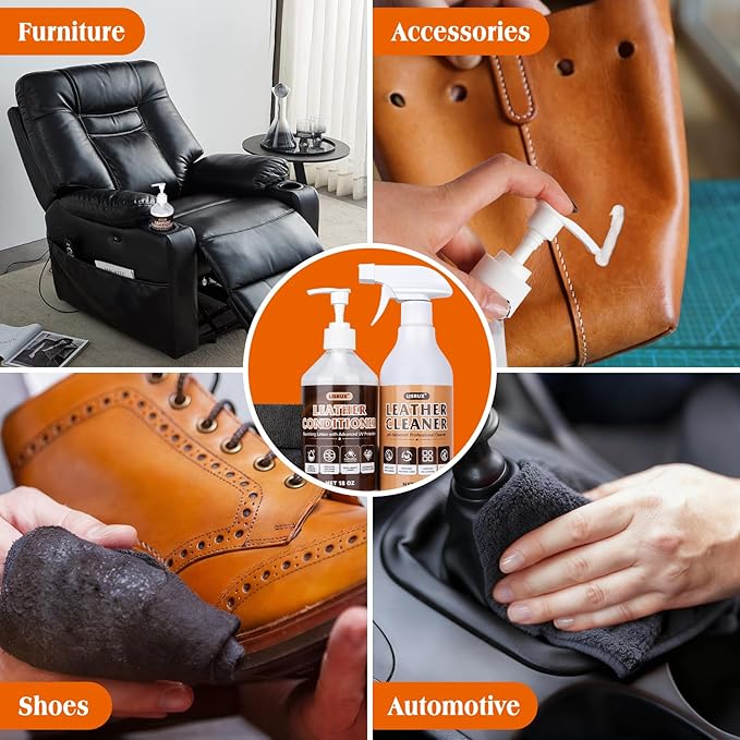 Leather Cleaner and Conditioner Kit-2×18oz Leather Care For Car Seats, Furniture, Couches, Shoes & Boots, Restores & Protects All Leather For Natural, Synthetic, Faux, Pleather, pH-Balanced
