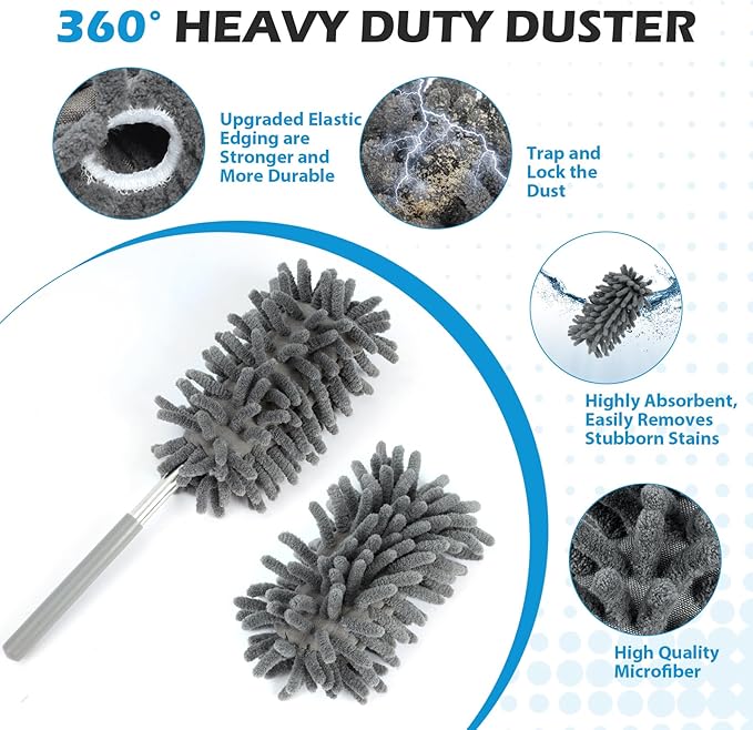 12 Pack High Duster with Extension Pole, Reusable & Washable Feather Duster, Microfiber Dusters for Cleaning for Ceiling Fan, Sofas, Ceiling, Car, Cabinet, Furniture, Blind(Gray)