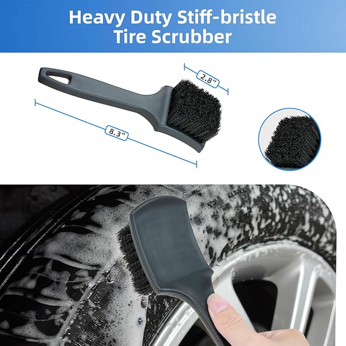 9Pcs Car Wheel Detailing Brush Kit – Scratch-Free Rim & Tire Cleaner Brushes with Tire Shine Pad, Microfiber Towel & Bag – Heavy-Duty Auto Detailing Tools for Cars, Trucks, RVs & Motorcycles