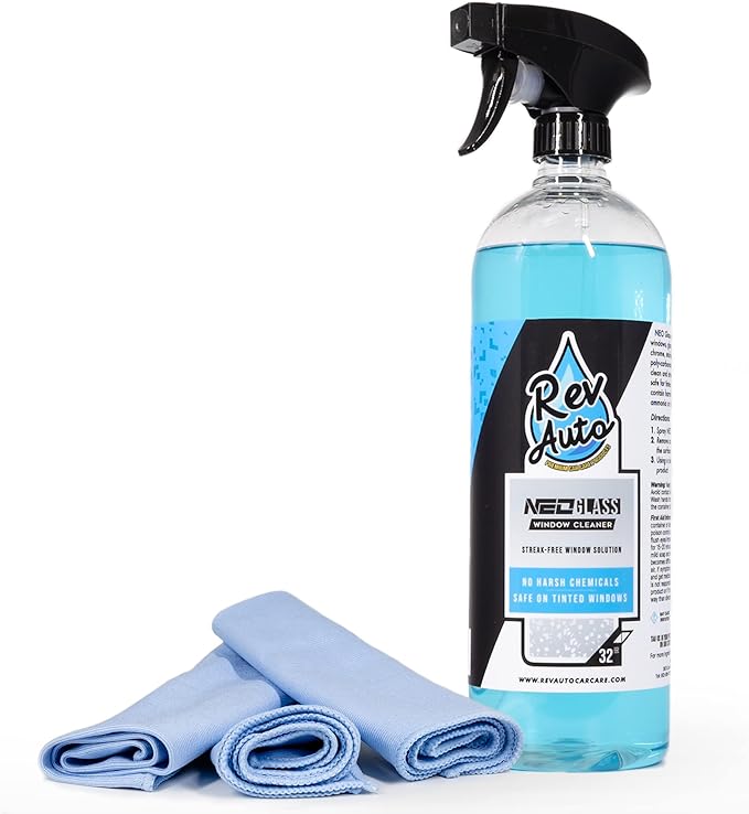 Rev Auto Car Window Cleaning Kit - Includes 32oz Car Window Cleaner and 3 Window Drying Towels | Ammonia Free Glass Cleaner That is Tint Safe | Auto Glass Cleaner/Auto Window Cleaner Spray