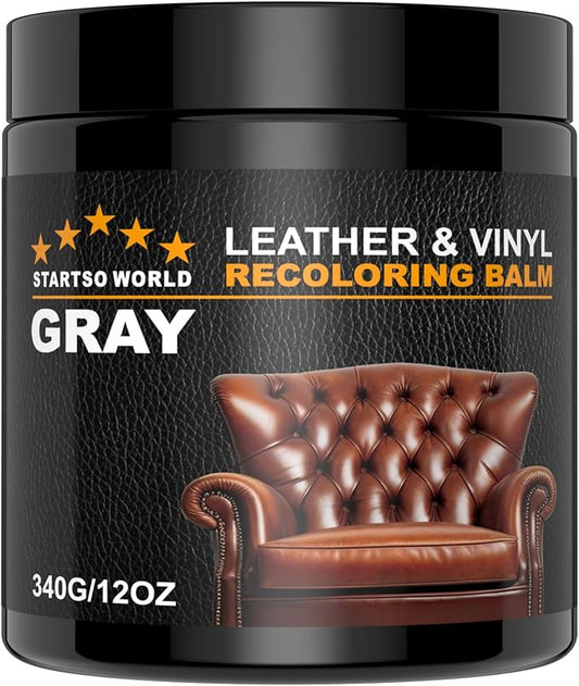 STARTSO WORLD Leather Recoloring Balm 12OZ- Gray Leather Repair Kit for Restore Furniture, Couches, Car Seats, Clothing, Restore The Color to Scratched and Faded
