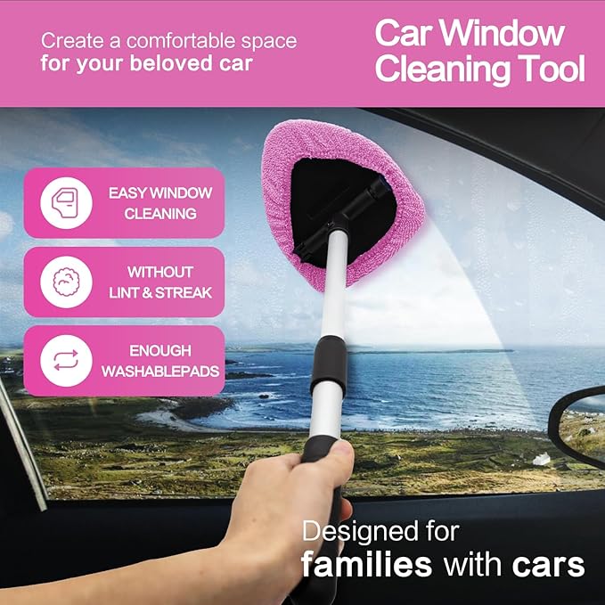Windshield Cleaner Tool - Car Interior&Exterior Window Cleaning Kit with Extendable Handle & 4 Microfiber Pads and Thick Large Wash Sponge, Auto Glass Wiper Brush Kit for Cars Home (7pcs, Pink)