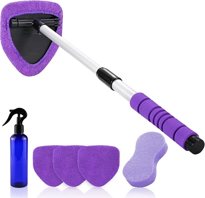 XINDELL Windshield Cleaner Tool – 24-inch Pink Car Interior&Exterior Window Cleaning Kit with Extendable Handle & 4 Microfiber Pads, Auto Wiper Brush for Car, Trucks, SUVs, RVs & Home -Gift for Women