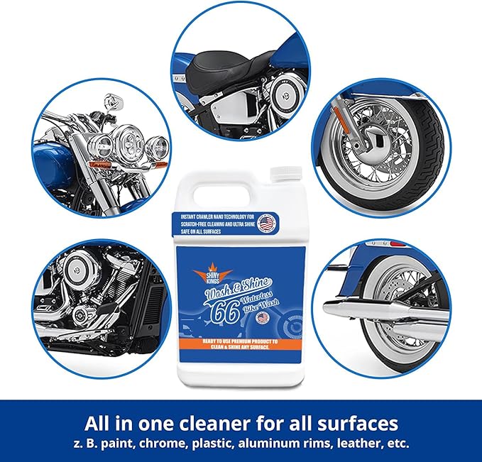 Shinykings Motorcycle Cleaner Wash&Shine 66 | WATERLESS BIke Wash with Ultra Shine Finish | Powerful Motorcycle Detailing Spray for All Surfaces | Bike Cleaner California | 1 Gallon