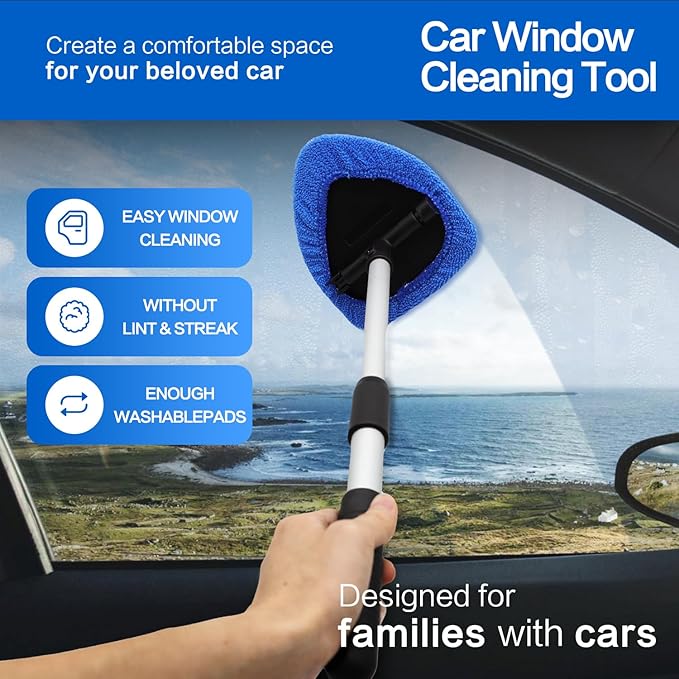 Windshield Cleaner Tool - Car Interior&Exterior Window Cleaning Kit with Extendable Handle & 4 Microfiber Pads and Thick Large Wash Sponge, Auto Glass Wiper Brush Kit for Cars Home (7pcs, Blue)