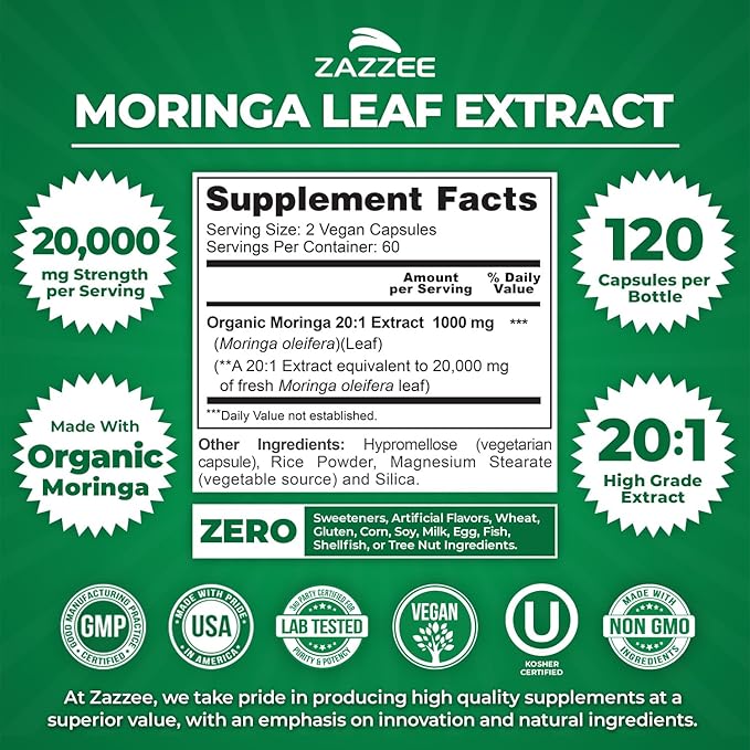 Zazzee Organic Moringa 20:1 Extract, 20,000 mg Strength, 120 Vegan Capsules, 100% Pure Oleifera Leaf Superfood, Concentrated and Standardized 20X Extract, All-Natural, Non-GMO, Made in The USA