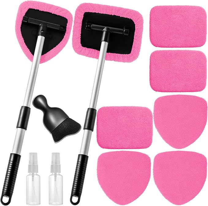 11pcs Windshield Cleaner Tool, Car Window Cleaning Wash Kit with 6 Reusable Microfiber Pads 2 Spray Bottles and Extendable Handles Auto Glass Wiper Kit, Pink