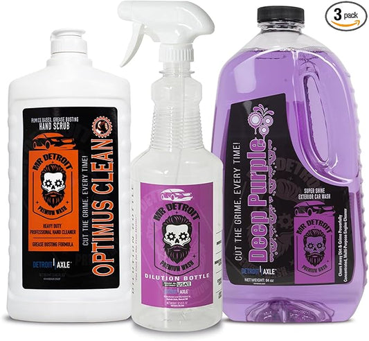 Mr. Detroit - 3pc Heavy Duty Degreaser with Dilution Bottle & Hand Soap, 64oz Deep Purple Degreaser for Engines & Tires, 24oz Mechanic Hand Scrub, Absorb Tough Grease, Oil & Grime
