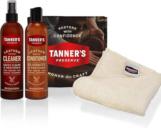 Tanner's Preserve Leather Cleaner & Conditioner Gift Set, Cleans, Rejuvenates & Restores Finished Leather, Use for Cars, Furniture & More, 2X 8 Fl Oz & Microfiber Cloth