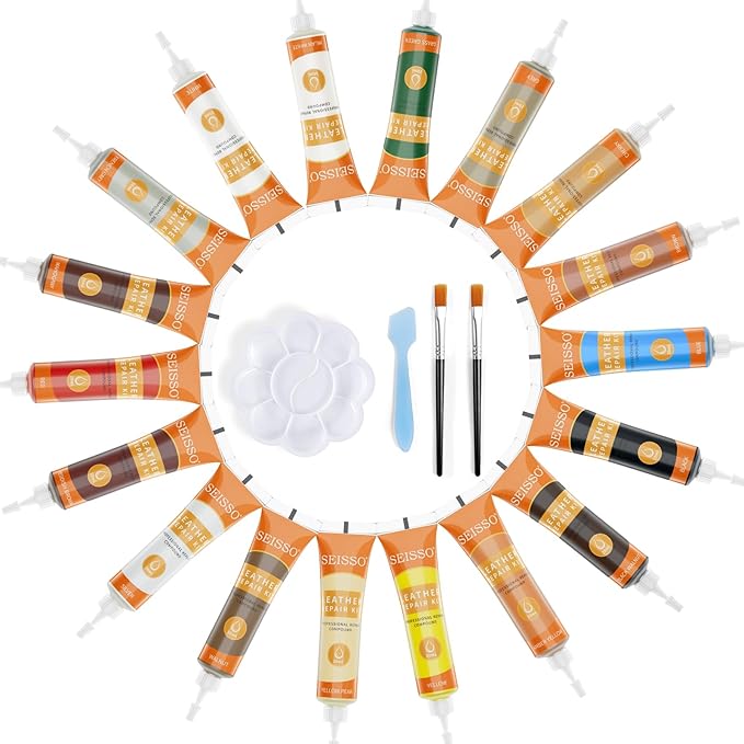 18 Colors Leather Repair Kit for Furniture and Vinyl Repair Kit for Refurbishing Upholstery, Couch, Boat, Car Seat, Shoes and Jacket - Leather Dye Kit - A Simple and Convenient Leather Repair Solution