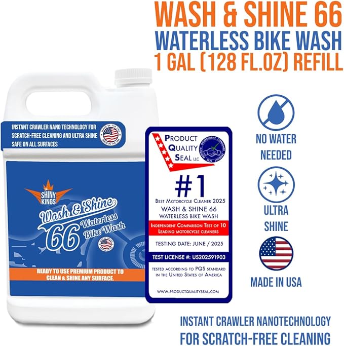 Shinykings Motorcycle Cleaner Wash&Shine 66 | WATERLESS BIke Wash with Ultra Shine Finish | Powerful Motorcycle Detailing Spray for All Surfaces | Bike Cleaner California | 1 Gallon
