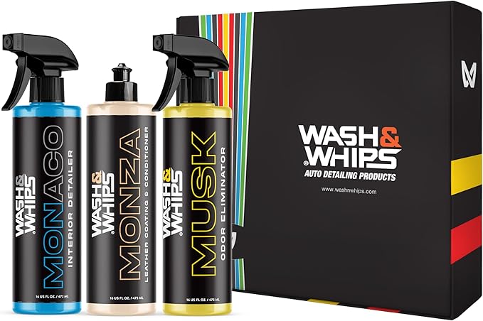 WASH&WHIPS CLEAN - Interior Car Wash Kit (Step 2) – Monaco Interior Cleaner, Musk Odor Eliminator, Monza Leather Conditioner – All-Purpose, Safe for All Surfaces, Effective for a Luxurious Finish