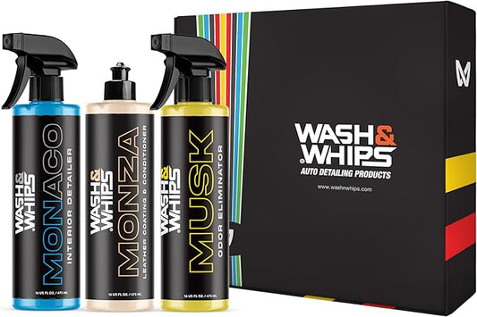 WASH&WHIPS CLEAN - Interior Car Wash Kit (Step 2) – Monaco Interior Cleaner, Musk Odor Eliminator, Monza Leather Conditioner – All-Purpose, Safe for All Surfaces, Effective for a Luxurious Finish