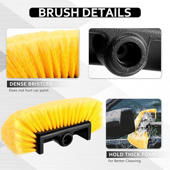 Vesici 2 Pcs 10 Inch Car Wash Brush Head with Soft Detailing Bristle Flow Through Car Cleaning Brush with 1 Pcs Stiff Bristle Wheel Brushes for Car Motorboat Rv Facades of Houses Wheel Carpet (Yellow)