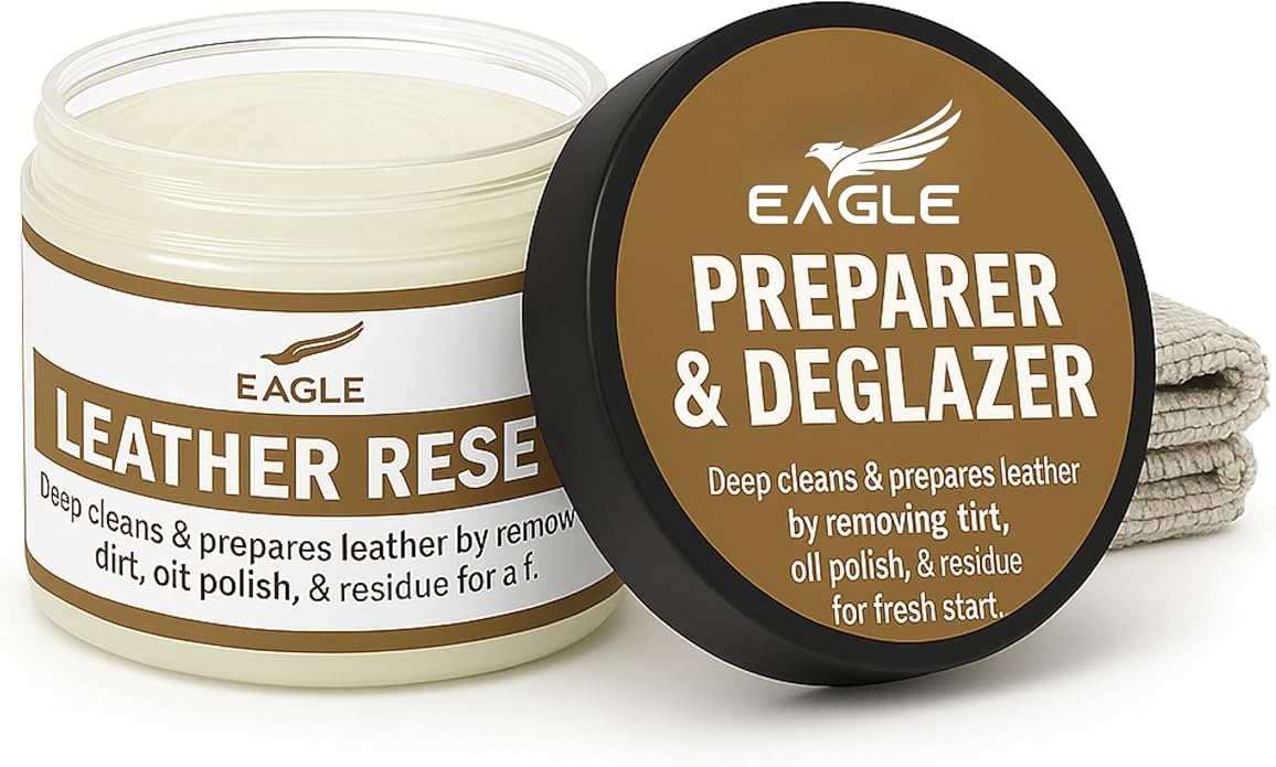 Leather Preparer & Deglazer – Heavy Duty Leather Reset Cream – Removes Finish, Wax, Dirt & Scuffs – Preps Leather for Dye, Paint, Polish & Conditioner – Safe on Leather, Vinyl & Rubber- Cloth Included