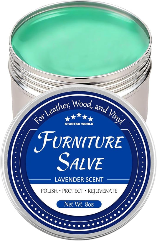 STARTSO WORLD Furniture Salve for Leather, Wood & Vinyl - Natural Polish, Conditioner & Restorer for Couches, Tables & Furniture - All-in-One Repair Salve with Applicator Brush - 8OZ