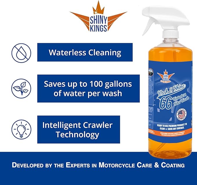 Shinykings California Wash&Shine 66 | WATERLESS Motorcycle Cleaner | Motorcycle and Car Wash&Wax | All Surfaces | Bike Polish | Chrome Cleaner | Multipurpose Detail Spray (32 fl.oz Orange)