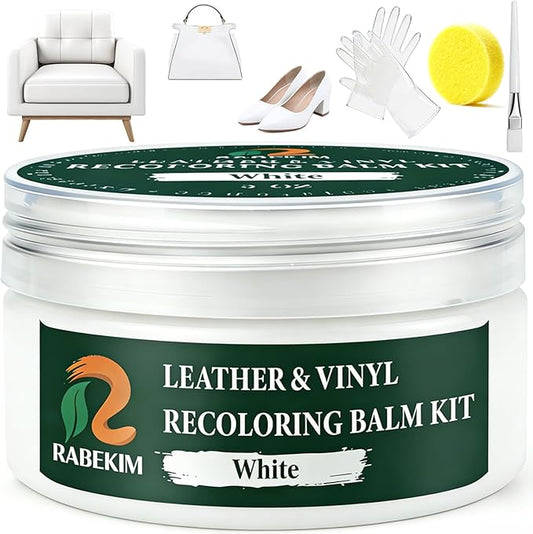 White Leather Repair Kit, Leather Recoloring Balm – Restore & Repair Faded Leather on Couches, Car Seats, Shoes & Furniture | Leather Color Restorer & Conditioner | Easy DIY Application