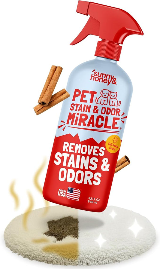Sunny & Honey Pet Stain Remover & Enzyme Cleaner - 32 Fl Oz, Fall Spice - Carpet Deodorizer & Urine Odor Eliminator for Dog Pee, Cat Urine, Upholstery & Furniture