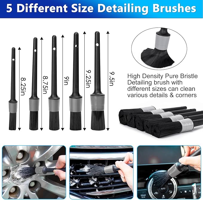 THINKWORK Car Wash Kit, Car Washing Brush with Long Handle, Extendable Car Wash Brush Mop with 2-in-1 Windshield Squeegee and 9Pcs Detailing Brushes, Gray Car Detailing Kit Gift for Men