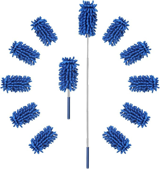 12 Pack Microfiber Dusters for Cleaning, High Duster with Extension Pole, Long Handled Feather Dusters, Household Cleaning Supplies for Ceiling, Car, Furniture, Fan, Sofas(Blue)