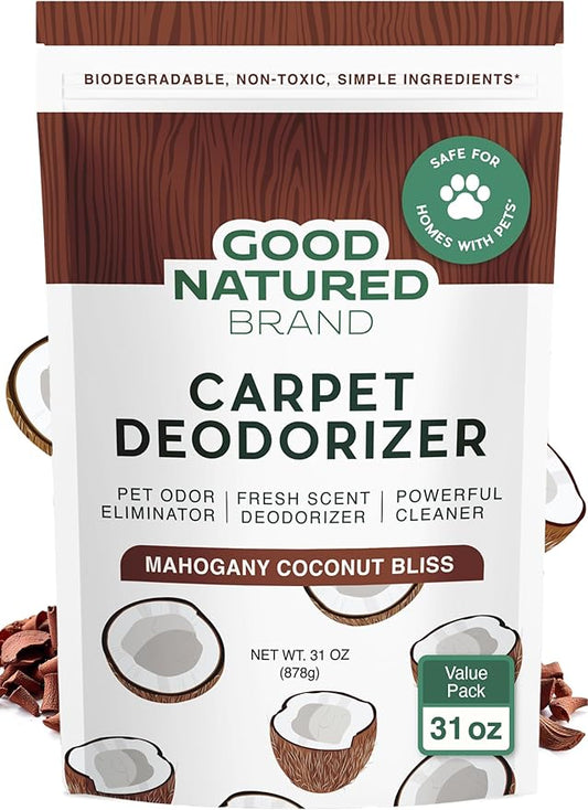 Good Natured Brand | Carpet Deodorizer & Freshener Powder | 31 oz Pet Odor Eliminator for Strong Odor & Pet Urine | Fresh Natural Mahogany Coconut Bliss Scent | Safe for Homes with Pets