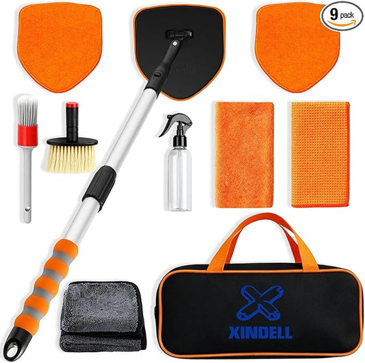 XINDELL Extendable Windshield Cleaner Tool Kit for Car, Interior & Exterior Window Cleaning with Pivot Head, Car Cleaning Microfiber Towels Kit with 3 Reusable Pads, Spray Bottle & 3 Towels (Orange)