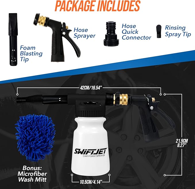SwiftJet Car Wash Foam Gun + Microfiber Wash Mitt - Works with Any Soap - Garden Hose Car Foam Sprayer - Foam Cannon Car Wash Kit - Car Accessories Foam Blaster (Black Foam Gun with Mitt)
