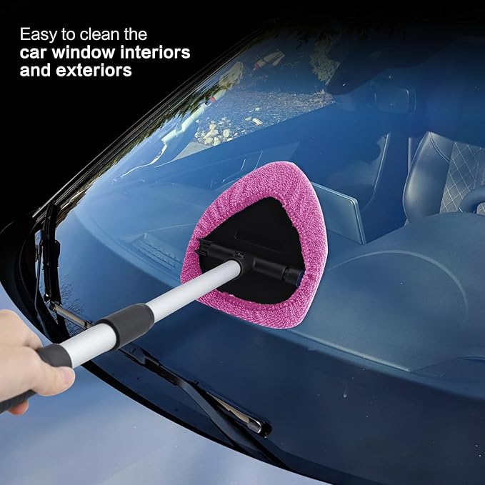 Windshield Cleaner Tool - Car Interior&Exterior Window Cleaning Kit with Extendable Handle & 4 Microfiber Pads and Thick Large Wash Sponge, Auto Glass Wiper Brush Kit for Cars Home (7pcs, Pink)