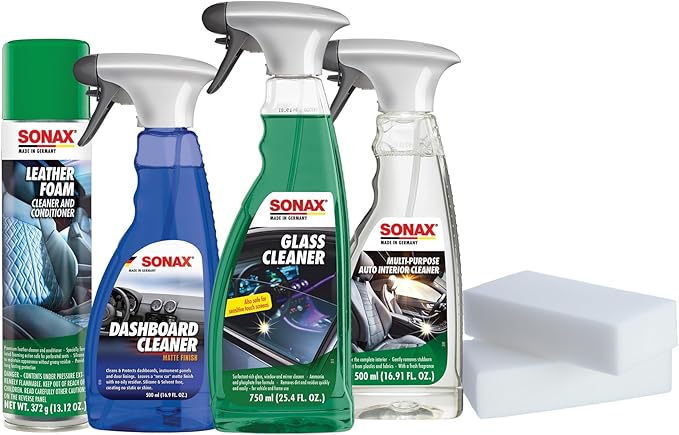 SONAX Premium Auto Interior Kit | 5-Piece Complete Interior Cleaning Set | Dashboard Cleaner, Leather Foam, Upholstery & Carpet Cleaner, Glass Cleaner & Dirt Eraser | Professional Car Detailing Kit