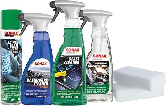 SONAX Premium Auto Interior Kit | 5-Piece Complete Interior Cleaning Set | Dashboard Cleaner, Leather Foam, Upholstery & Carpet Cleaner, Glass Cleaner & Dirt Eraser | Professional Car Detailing Kit