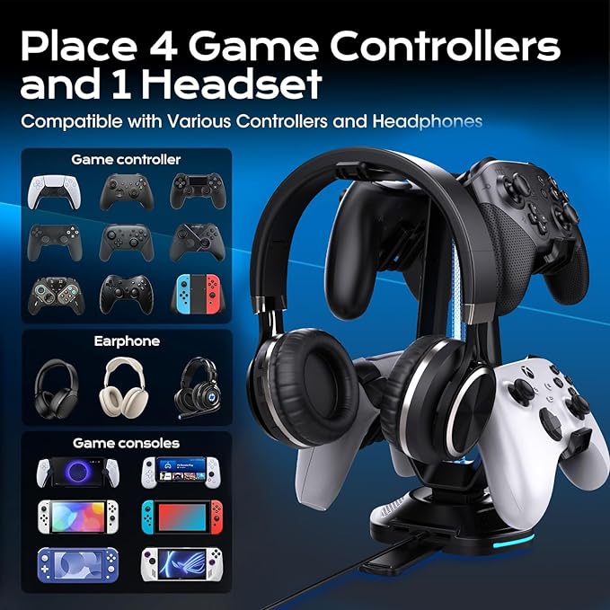RGB Headset Stand with 9 Light Modes and 2 USB Charging Ports - Controller Holder for Desk - Headphone Stand & Detachable Controller Hook for PC Earphone Gaming Room Setup Accessories