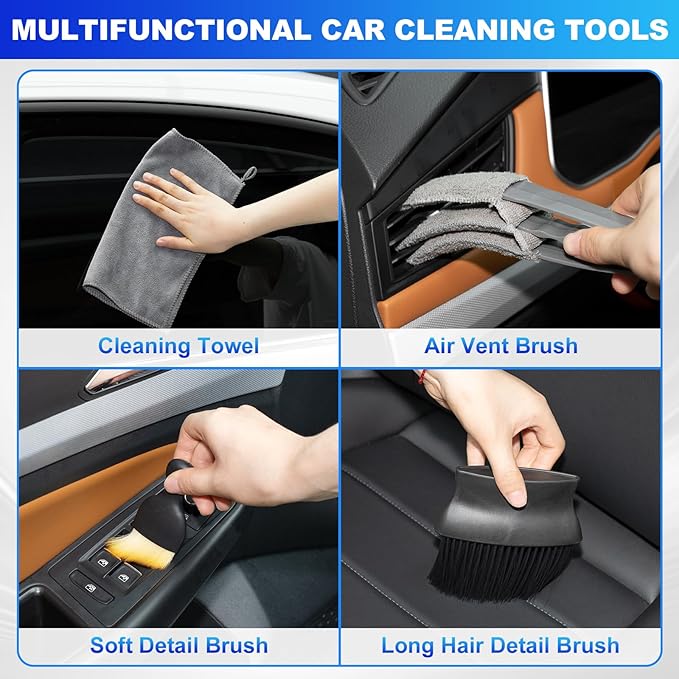 THINKWORK Windshield Cleaner Tool, Car Interior Cleaning Kit, Car Detailing Kit Interior Cleaner with10Pcs Detailing Brush Set, Gray Auto Detailing Supplies & Accessories