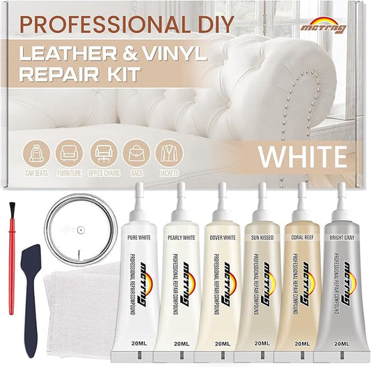 White Leather & Vinyl Repair Kit, Leather Repair Kit for Car Seats, Shoes, Jacket, Sofa, Couch, Purse, Restores Faux, Artificial, Genuine Pleather & Any Material, for Scratch, Rips, Tears, Holes
