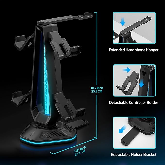 RGB Headset Stand with 9 Light Modes and 2 USB Charging Ports - Controller Holder for Desk - Headphone Stand & Detachable Controller Hook for PC Earphone Gaming Room Setup Accessories
