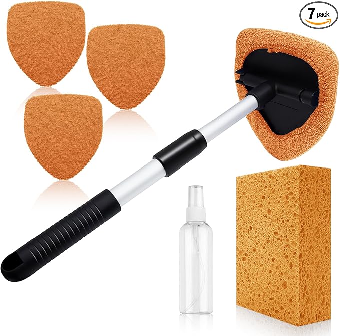 Windshield Cleaner Tool - Car Interior&Exterior Window Cleaning Kit with Extendable Handle & 4 Microfiber Pads and Thick Large Wash Sponge, Auto Glass Wiper Brush Kit for Cars Home (7pcs, Orange)