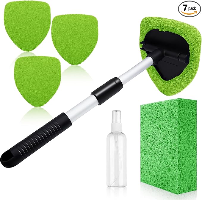 Windshield Cleaner Tool - Car Interior&Exterior Window Cleaning Kit with Extendable Handle & 4 Microfiber Pads and Thick Large Wash Sponge, Auto Glass Wiper Brush Kit for Cars Home (7pcs, Green)
