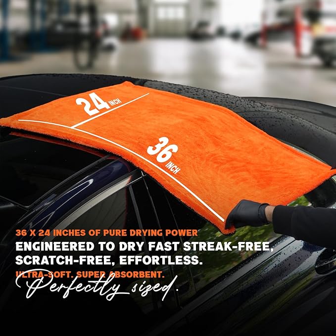 X- Large Car Drying Towel, 36x24 Microfiber Towels for Cars, 1300 GSM, 70/30 Blend, Dual-Sided Highly Absorbent Twisted-Loop Edgeless Car Detailing Cloth, Scratch/Streak-Free [Orange/Black]