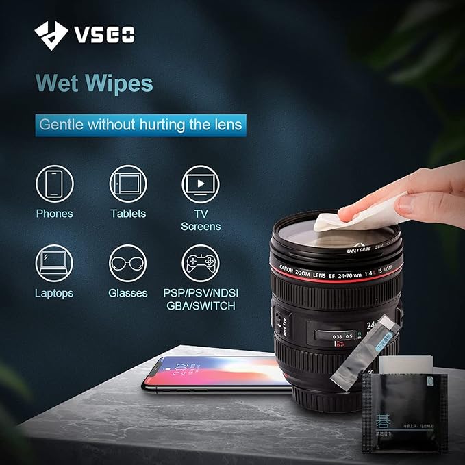 VSGO Professional Lens Cleaning Kit with Air Blower Folding Pouch Microfiber Lens Cloth Wet Wipes Lens Cleaner Metal Brush Cotton Swab Compatible for Optical Camera Lens Phone Laptop Cleaning(VS-A2E)