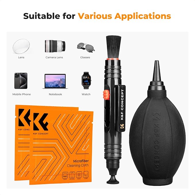 K&F CONCEPT 4-in-1 Camera Lens Cleaning Kit with Lens Cleaning Pen, Camera Air Blower, Microfiber Cleaning Cloth, Lens Cleaner Kit for Canon Nikon Pentax Sony DSLR Camera Lens Filter Cell Phones