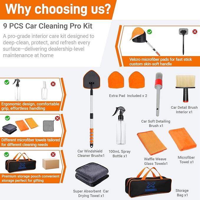 XINDELL Extendable Windshield Cleaner Tool Kit for Car, Interior & Exterior Window Cleaning with Pivot Head, Car Cleaning Microfiber Towels Kit with 3 Reusable Pads, Spray Bottle & 3 Towels (Orange)