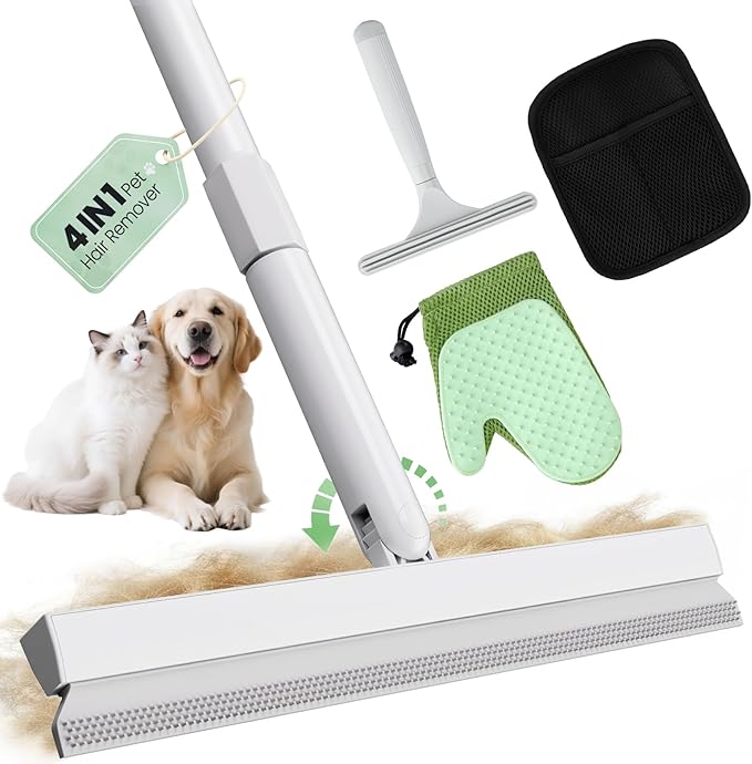 Carpet Rake for Pet Hair Removal Tool - 4 in 1 Pet Hair Remover Kit for Dog Cat Fur Remover, Contain 60" Adjustable Rubber Broom, Glove, Magic Brush and Scraper for Home Furniture, Rugs, Mats