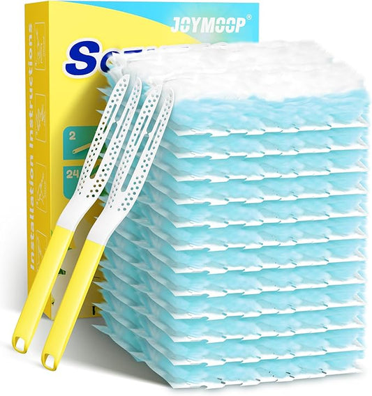 JOYMOOP Disposable Duster for Cleaning, with 2 Handles & 24 Ct Blue Heavy Duty Refills for Swiffer Feather Duster, Household Cleaning Tool for Electronics, Dusting Furniture, Blinds, Pet Hair