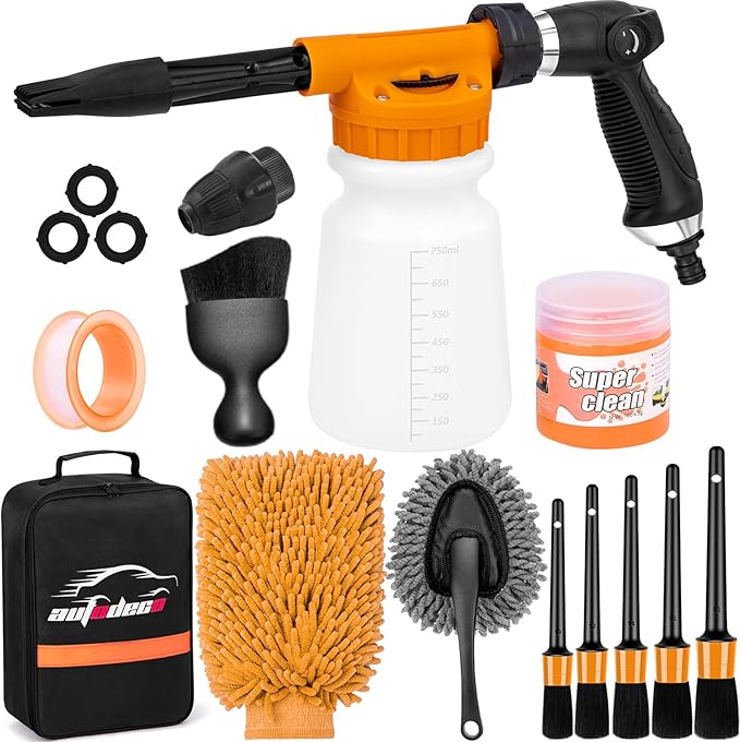 AUTODECO Car Wash Detailing Kit Cleaning Kits with Foam Gun Sprayer, Car Wash Brush and Large Wash Mitt Duster for Car Interior and Exterior Cleaning (Orange)