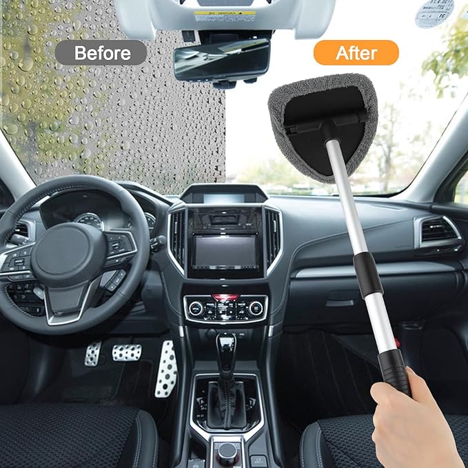 Windshield Cleaner Tool, Car Interior Window Cleaning Tool, Car Wash kit with 4 Reusable Microfiber Pads, 2 Extendable Handle and 2 Spray Bottles, Glass Wiper Kit for Windshield, Home Windows