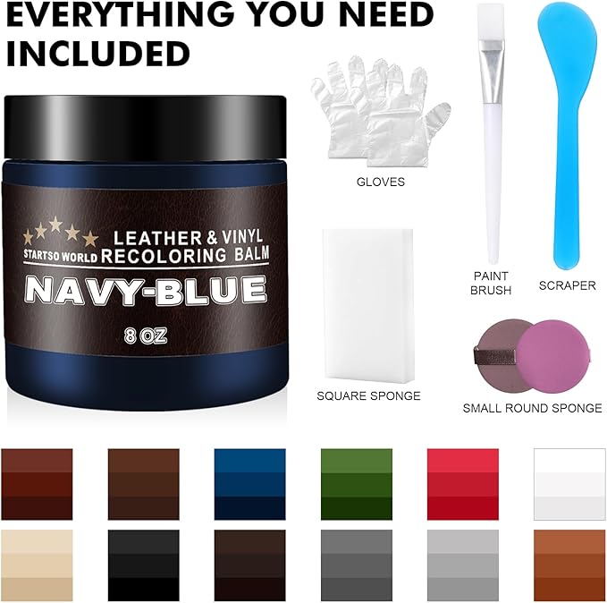STARTSO WORLD Leather Recoloring Balm, Navy Blue Leather Repair Kit for Furniture, Leather Dye, Leather Color Restorer for Couches, Leather Couch Paint | Repair, Restore & Renew Old, Faded Leather