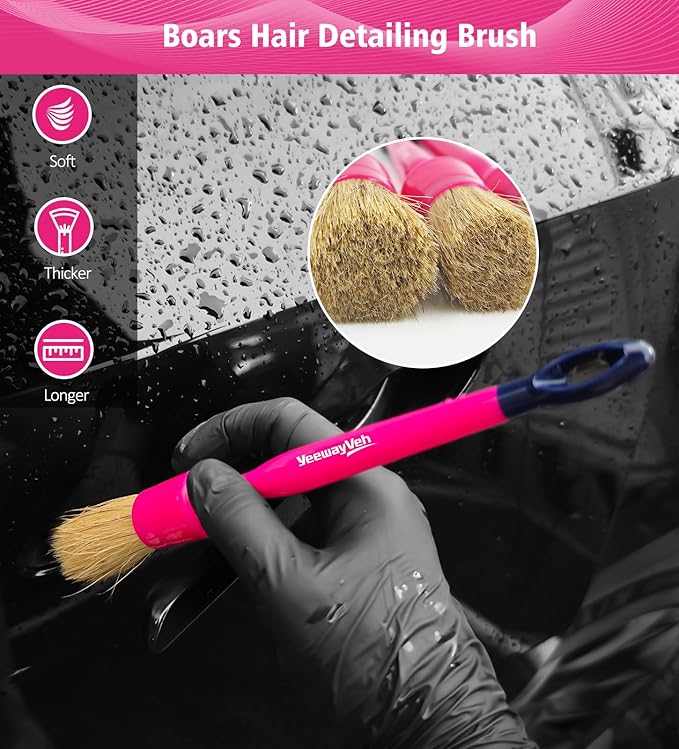 YeewayVeh 6PCS Car Detailing Brush Set, 3pcs Boars Hair Detailing Brushes, 3pcs Ultra Soft Detail Brush for Leather Seat Air Vents Engine Bay, Detail Brushes Car Detailing for Interior Exterior, Pink