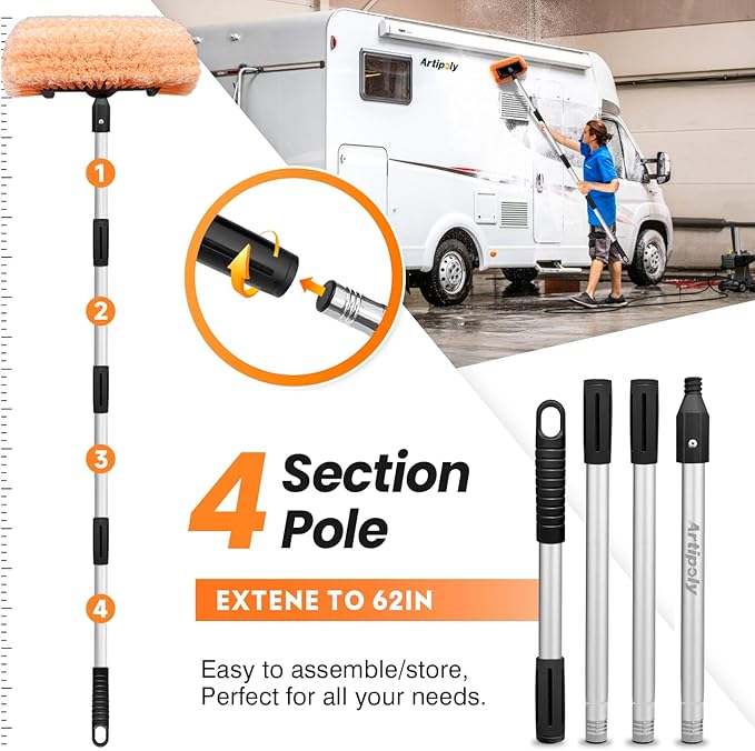 65" Five-Sided Car Wash Brush with Extension Pole, Car Wash 12" Dip Soft Five-Sided Brush, No Scratch Car Cleaning Brush Supplies for RV Boat Truck SUV, House Siding, Snow